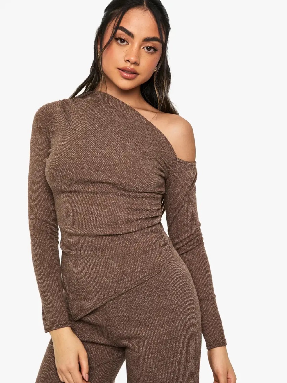 Boohoo One-Shoulder Ribbed Knit Top in Taupe Brown